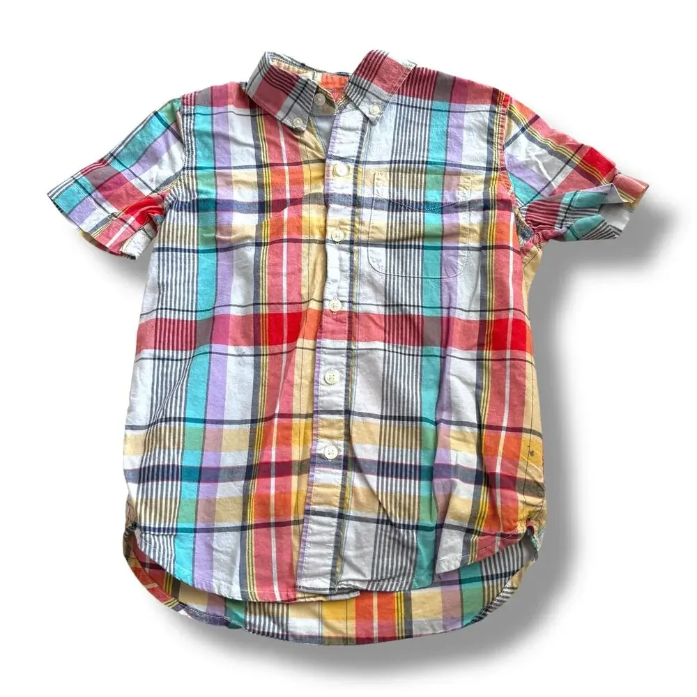 Gap Kids Boys Plaid Short Sleeve Button Down Shirt Yellow Teal Orange Red Blue S